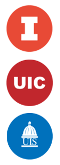 Three circles containing the logos for UIUC, UIC, and UIS.